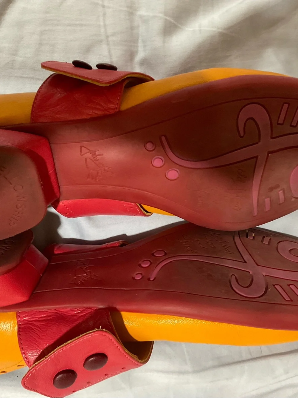 John Fluevog Women’s Mary Jane Shoes in Mustard Yellow with Coral